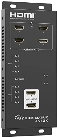 PremiumCord HDMI Matrixschalter 4:2 mit Audio, Metallgehäuse, Switch mit LED Status, Video Auflösung 4Kx2K 2160p UHD, Full HD 1080p, 3D, HDCP, Farbe schwarz