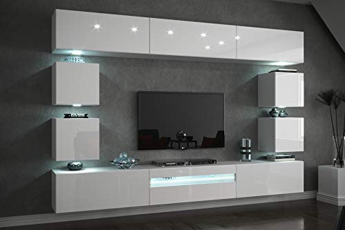 FURNITECH Wohnwand: Modernes Wohnzimmer Möbel mit LED - Weißer Hängeschrank - 273 cm