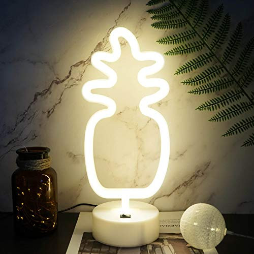 YIVIYAR LED Pineapple Night Light Neon Sign Table Decor for Bedroom, USB/Battery Powered Pineapple Lamp Bedroom Light with Base, Room Decor for Home Christmas Birthday Teenage Girls Gifts(Pineapple)