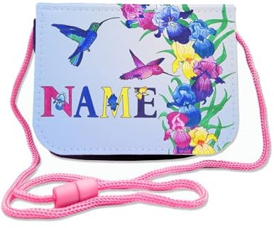 Kinder Brustbeutel mit Name + Schriftartwahl | Klettverschluss mit Schnur zum Umhängen und Klarsichtfach | Geldbeutel personalisiert | 3 Farben (Kolibri)