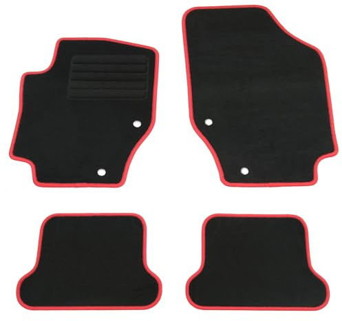 AD Tuning Textil Fußmatten für Peugeot 307 CC (10/2003-03/2009) | 4-teilig, 100 % passgenau, Textil, Schwarz, rote Randkettelung, mit Befestigungen vorne