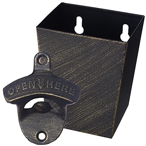 Jumiok Old Fashioned Beer Bottle Opener Wall Mounted Bottle Top Opener with Cap Catcher Stainless Drained Narrow (Aged Bronze)