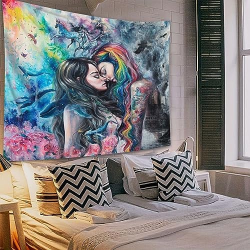 QGHOT Lesbian Pride Sexy Tapisserie, LGBT Gothic Girl Kissing Lovers Tapisserie Wandbehang Gemälde Hippie Tapisserie für Schlafzimmer Wohnzimmer College Wohnheim Party Frauen Kunst Wanddekoration