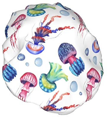 Watercolor Jellyfish Shower Cap Women Waterproof Reusable PEVA Lining Adjustable Elasticized Hem for All long Hair Bath Hat