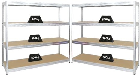 PROREGAL Mega Deal 2er-Sparset Profi-Schwerlastregal Dino HxBxT 180x200x60cm Fachlast 500kg Verzinkt, Kellerregal, Steckregal, Garagenregal, Lagerregal