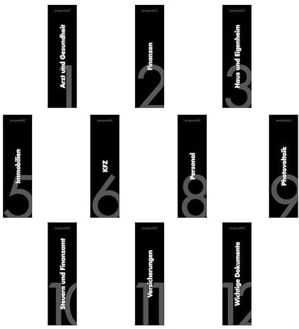 10er Komplett-Set Rückenschilder für DIN A4 Ordner, beschriftete Einsteckschilder im Format 53 x 186 mm, passend für 8 cm Ordner mit Einstecktaschen