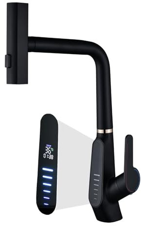 BEITH Wasserfall Wasserhahn Küche, Küchenarmatur Ausziehbar, 3 Modi Armatur Küche, LED-Digitalanzeige, Küchenarmatur Mischbatterie 360° Drehung, Spültischarmatur Küche, 59A Komplett Kupfer, Dauerhaft