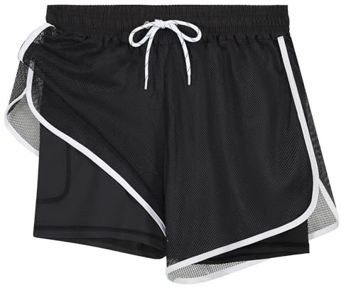 APTRO Damen Badeshorts Badehose Schwimmshorts Beach Strand Surf Shorts mit Innenhose Netz Schwarz W75 XL
