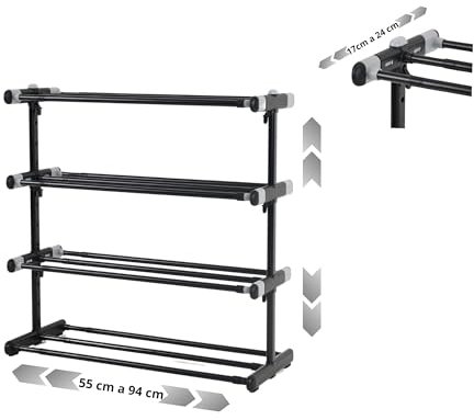 ABB4US | Zapatero Metálico 4 Baldas | Extensible y Apilable | Organizador de Zapatos | Estante Mueble para Zapatos | Para Entrada, Amario| Fino | Ahorra Espacio | Negro y Gris | 55 x 24 x 55,5cm