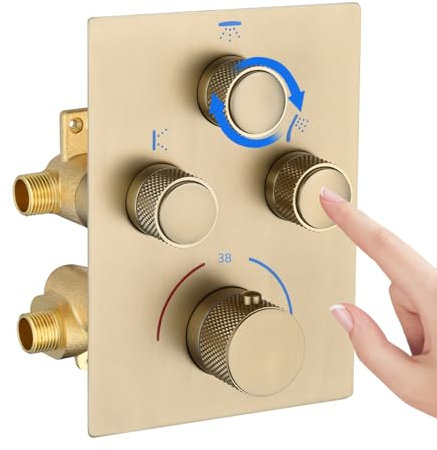 3 Way Concealed Shower Mixer Valve, 3 Outlet Shower Valve, Adjustable Water Flow and Temperature, 3 Outlet Can Simultaneous Operation, Brushed Gold