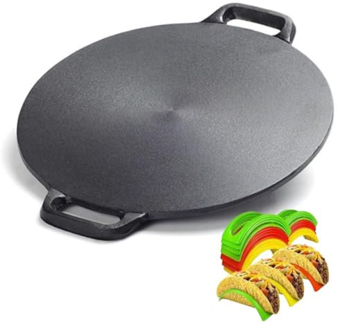 Sisigogo 12-in Cast Iron Pan with Taco Holders, Comal for Tortillas, Crepe & Dosa Maker, Non-Stick Pizza Griddle
