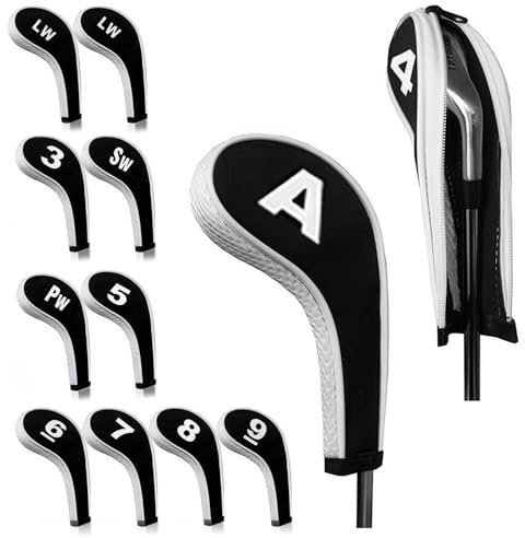 12 pieces Golf Head Covers, 3-9, Pw, Aw, Sw, Lw, Lw, Waterproof Zippered Golf Club Head Cover Protective Cover, Wedge Head Cover with Number Label Golf Accessory for Men Women (white)