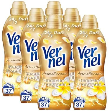 VERNEL Aromatherapie Sinnliche Frangipani Weichspüler 6x 37 WL (222 Waschladungen), langanhaltender Wäscheduft mit ätherischen Ölen für 24/7 Frische, recycelbare Flasche