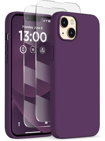 COFFKER for iPhone 13 Phone Case with [2X Screen Protectors], Liquid Silicone Shockproof Protective with Soft Anti-Scratch Microfiber Lining Slim Thin Case for iPhone 13 6.1 inch, Dark Purple