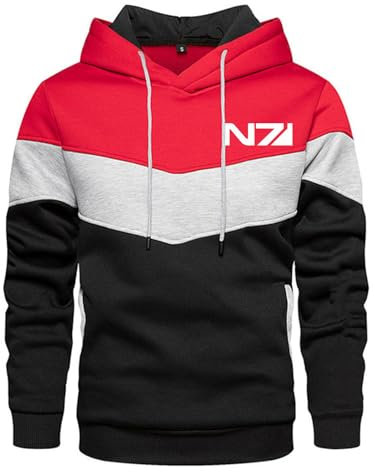 SIDHU Herren Hoodie für Mass Effect N7 Packbare Patchwork Kapuzenpullover Streetwear Casual Hooded Sweatshirt für Wandern Reisen Camping,Red-XL