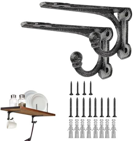 Shelf Brackets 4 Inch 2 Pack, Cast Iron Shelf Brackets for Wall Shelving, Rustic Shelving Brackets with Hooks Black, Heavy Duty Floating Brackets Wall Mounted