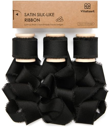 Vitalizart Schwarzes Satin Geschenkband 2,5 cm x 13,7 m Hölzerne Spule, Handgefertigtes Ausgefranstes Seidenband für Geschenk Verpacken Hochzeit Brautsträuße Urlaub Dekor