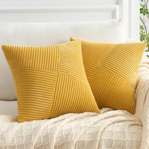 Topfinel Kissenbezug 45x45 Gelb Kordsamt 2er Set Windmühle Streifen Muster Kissenbezüge Kissenhülle Dekokissen Sofakissen Patchwork Design Deko Wohnzimmer Bett Schlafzimmer Sofa