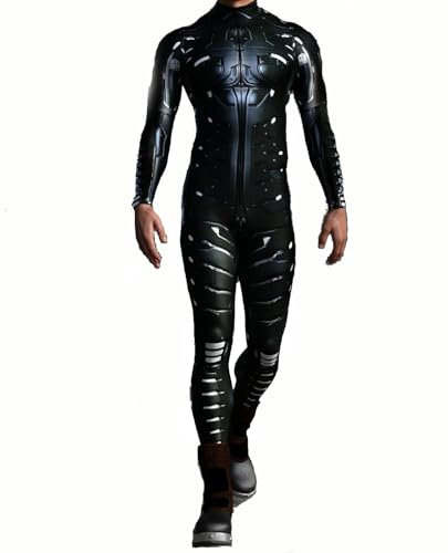 Koongso Men's Robot Superhero Halloween Costume Jumpsuit, Unisex Adults Onesie 3D Black Superhero Battle Suit Skinny Catsuit Robot Cosplay Zentai Bodysuit