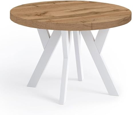 Dekori Möbel Runder Ausziehbarer Tisch für Esszimmer mit Holzbeinen, Pero, Loft-Stil, Skandinavische, Durchmesser Varianten: von 90 bis 220 cm (Eiche Wotan/Weiß, 120/220 cm)