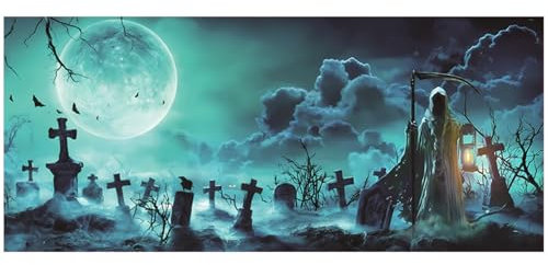 Halloween Garage Door Banner 16x7 Fuß Halloween Kulisse mit Haken und Seil, Horror Friedhof Halloween Garagentorabdeckung für Halloween -Foto -Hintergrund, Wandtürdekoration