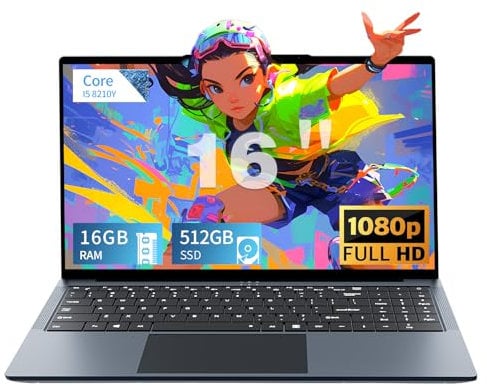 PC Portatile da 16 pollici, Notebook Core i5-8210Y processore 16 GB RAM 512 GB SSD, Laptop con FHD 1920 * 1080, RJ45, tipo C, USB 3.0, Wi-Fi dual band, Bluetooth 5.0, tastiera digitale retroilluminata