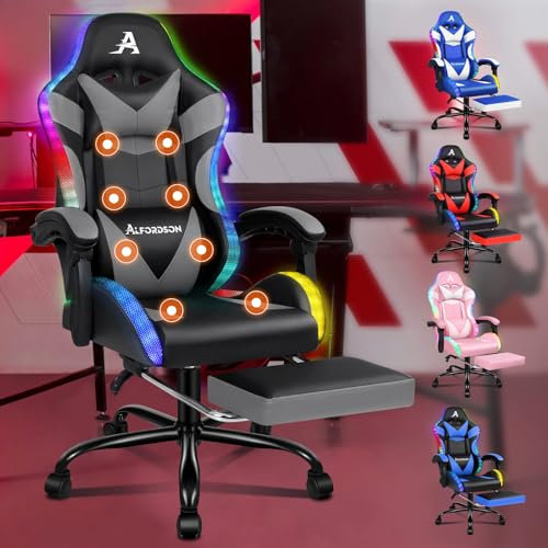 ALFORDSON Silla de Masaje para Videojuegos, Silla de Carreras con LED, Silla de Escritorio ergonómica con reclinación de 150°, reposapiés retráctil, Capacidad de 180 kg, Cuero sintético, Gris