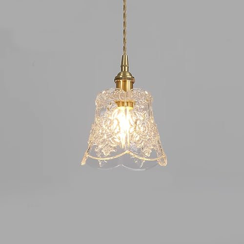 Lámpara Colgante de Latón Vintage con Pantalla de Cristal Transparente en Relieve, Base E27 Lámpara Colgante para Isla de Cocina, Comedor, Dormitorio, Pasillo, Hotel, Decoración de Granja