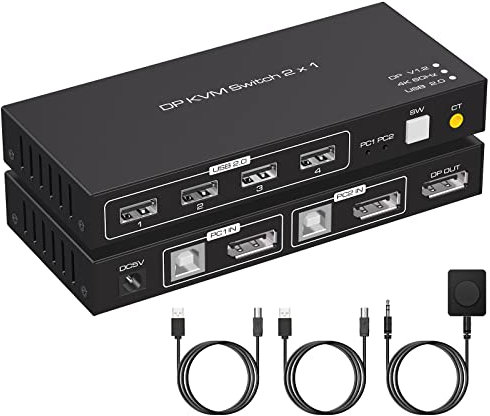 TJCXELE 4K60Hz DisplayPort KVM Switch 2 PC 1 Monitor USB 2.0 Switch KVM, con 4 Porte, adatto per Mouse, Tastiera, Stampante, U-Stick, fornito con cavi USB A-B