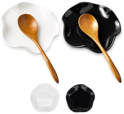 MOAMUN 2 PCS Spoon Rest Ceramic, Heat Resistant Spoon Holder, Flower Shape Utensil Teaspoon Rest Spatula Holder for Spatula Spoons Tongs Food Sauce Jewellery Kitchen Counter Decor(White Black)