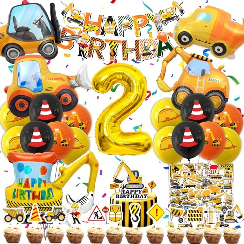 Bagger Deko Kindergeburtstag 2, Baustelle Geburtstag Deko, Neue Baustelle Ballon Kindergeburtstag Banner Tortendeko Aufkleber, Set Party Geburtstagsdeko 2 Jahre (Bagger Geburtstag Deko 2 Jahre)