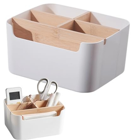 Vernerth Schreibtisch Organizer – 5 Fächer Aufbewahrungsbox mit Stifthalter, Bambus Abnehmbaren Trennwänden, Stifte Organizer für Büro, Kosmetik, Fernbedienung, Handy, Notizzettel & mehr
