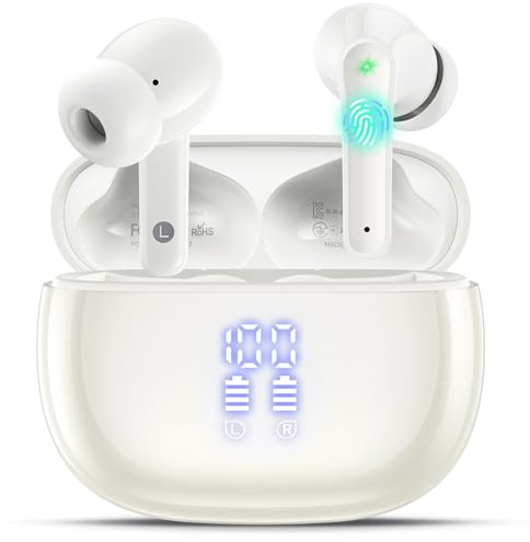 ZIUTY Ear Buds Wireless Earbuds, Bluetooth 5.4 In Ear Headphones with Mic, HiFi Stereo Sound, Touch Control, 48H Playtime LED Display, IPX7 Waterproof Bluetooth Headphones for iOS/Android, Ivory