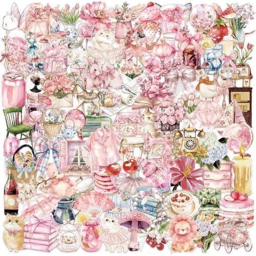 Transparente Rosa Ästhetische Sticker - 100 Stück Wasserdichte PET Aufkleber für Scrapbooking, Journaling & Collage, Niedliche Vintage Sticker für Trinkflaschen
