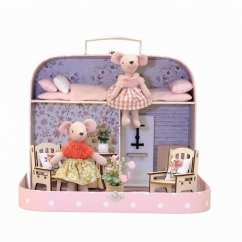 Chosertory Puppenhaus Kinder Spielset Puppenhaus Koffer Spielhaus Spielkoffer Miniaturhaus Fantasie Rollenspiel mit Möbel Figuren Zubehör aus Holz Stoff Metall für Unterwegs Urlaub Familienbesuch