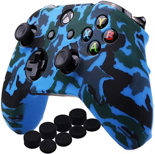YoRHa Agua Transferir Impresión Camuflaje Silicona Cubrir la Piel Caso para Xbox One X/One S Mando x 1 (Azul) con empuñaduras Pro x 8