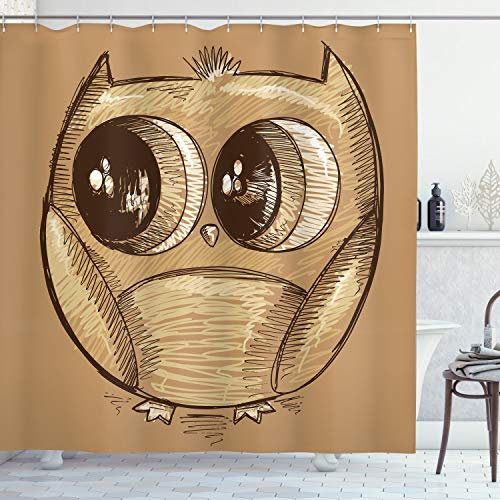 ABAKUHAUS Gekritzel Duschvorhang, Owl Big Eyes, Stoffliches Gewebe Badezimmerdekorationsset mit Haken, 175 x 200 cm, Hellbraun