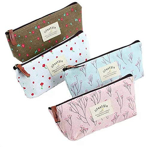 Nv Wang Federtasche,Vintage Leinwand Pastorale Stil Blume Muster Federmäppchen Stiftemappe Stiftemäppchen Griffelmappe Klein Kosmetiktasche(4 Stück)