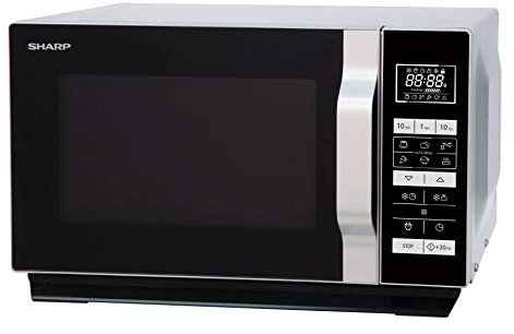 Sharp R260S-Microondas (800 W,20 l de capacidad,5 niveles de potencia,8 programas automáticos de cocción automática con programa de palomitas,horquilla plana,sin plato giratorio),negro y plateado