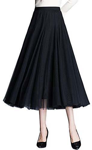 Damen Tüllrock Midi Faltenrock 78cm Länge Hoher Bund Schick Rock Elastisch Taille Drapiert Stoff, Schwarz