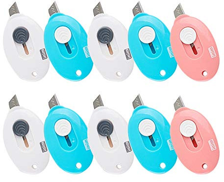 10 Pezzi Mini Taglierino Tascabile, Mini Coltello Multiuso Retrattile Coltello Portatile Mini Cutter Universale Foro Catena Chiave per Ufficio Scolastico