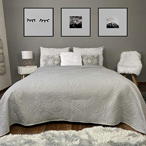 HOMELEVEL Tagesdecke Bett & Sofaüberwurf Bettüberwurf Sofa Tages Ornamente Decken Betthusse XXL Decke Überwurf Überdecke Hellgrau 170cm x220cm