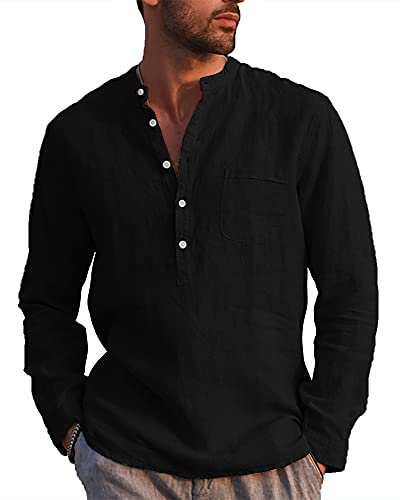 LVCBL Henley - Chemise d'été à Manches Longues pour Homme - Coupe Droite, Noir, XL