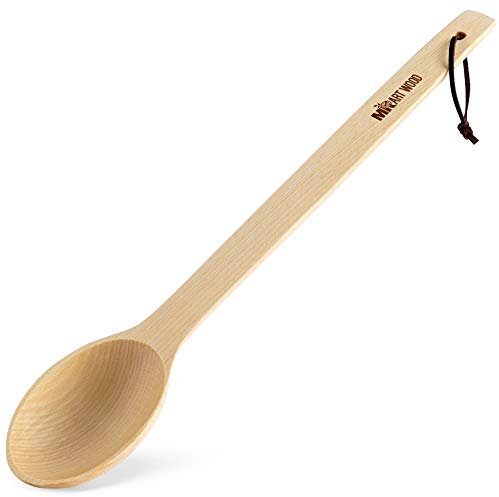 Mr.Art Wood Large Wooden Spoon – Heavy Duty 17 Long Handmade Cooking Spoon with a Scoop and Heat-Proof Leather Loop - Big Spoon for Stirring, Mixing Cajun Crawfish Boil and Wall Décor.