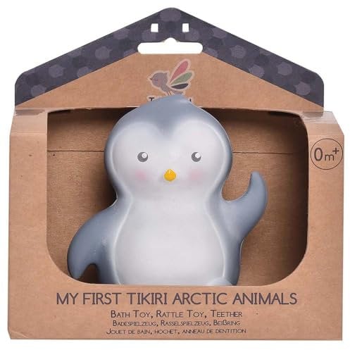 Tikiri 8594304 - Naturkautschuk Rassel in Geschenkbox, Pinguin, Badespielzeug, für Babys und Kinder ab 0+ Monaten, 11cm