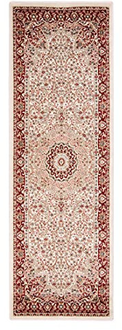 Carpeto Rugs Tapis Salon Motif Fleur Oriental - Tapis Grande Taille de Chambre Adulte Moderne à Poils Ras - Moquette pour Chambre et Salon - Crème Rouge 1-80 x 300 cm