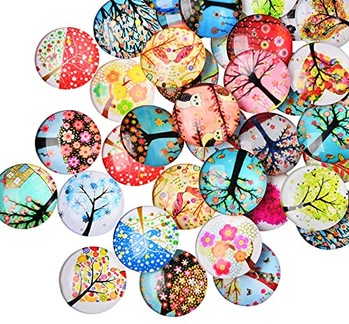 BEEFLYING 50 Stück Baum des Lebens Bedruckte Kuppel-Glas-Cabochons Halbrunde Glas-Cabochons Mischfarben-Glaskuppel-Cabochons für Cameo-Foto-Anhänger-Schmuckherstellung