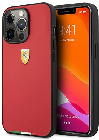Ferrari - Custodia in pelle per iPhone 13 Pro Max con logo in metallo, colore: Rosso
