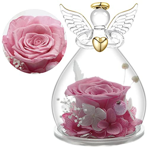 Yamonic Ewige Rose Engel Geschenke für Mama,Ewige Rose im Glas Engel Figur Geschenke für Frauen,Engel mit Rose Geburtstagsgeschenk für Frauen,Oma Geschenk,Schutzengel Weihnachten Muttertagsgeschenk