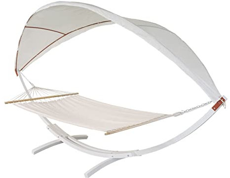 Hängematte HWC-J47, Hängeschaukel bis 200kg Sonnendach MVG-Holzgestell 420cm 2 Personen - weiß, Creme-weiß